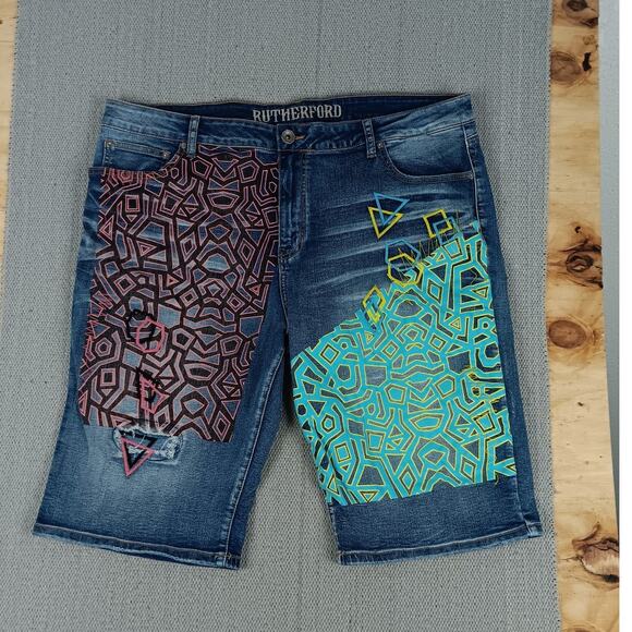 Rutherford Engineered Slim Fit Denim Jorts Men 41 Blue Distressed Tribal Pattern - Picture 3 of 14